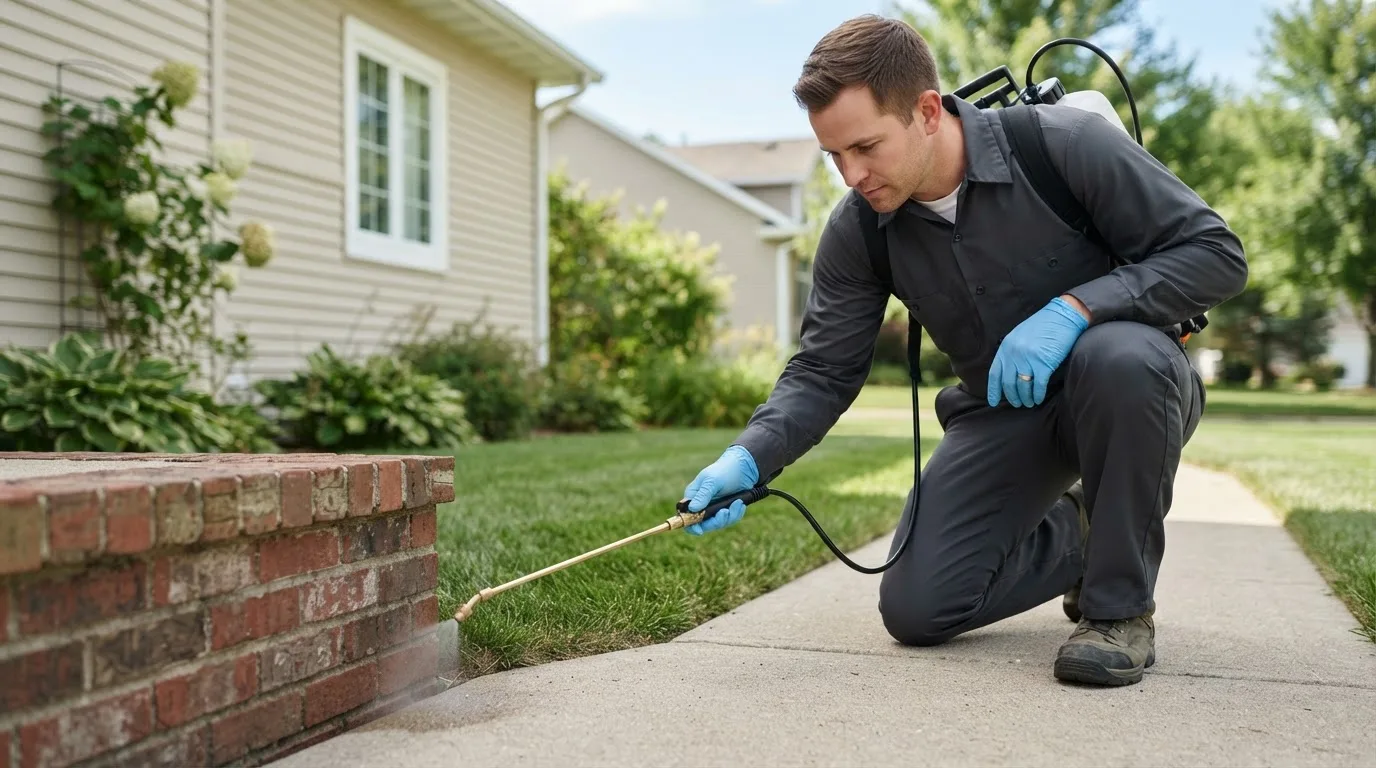 Pest control technician treating a home near Wiggins, CO